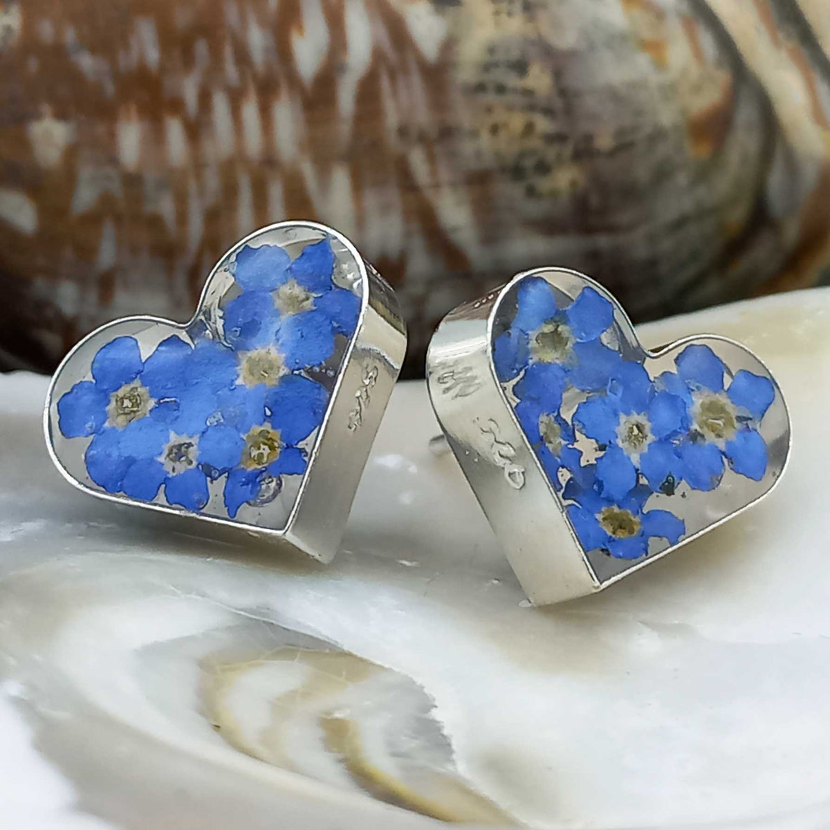 Heart Forget-me-Not Silver Stud Flower Earrings Main image