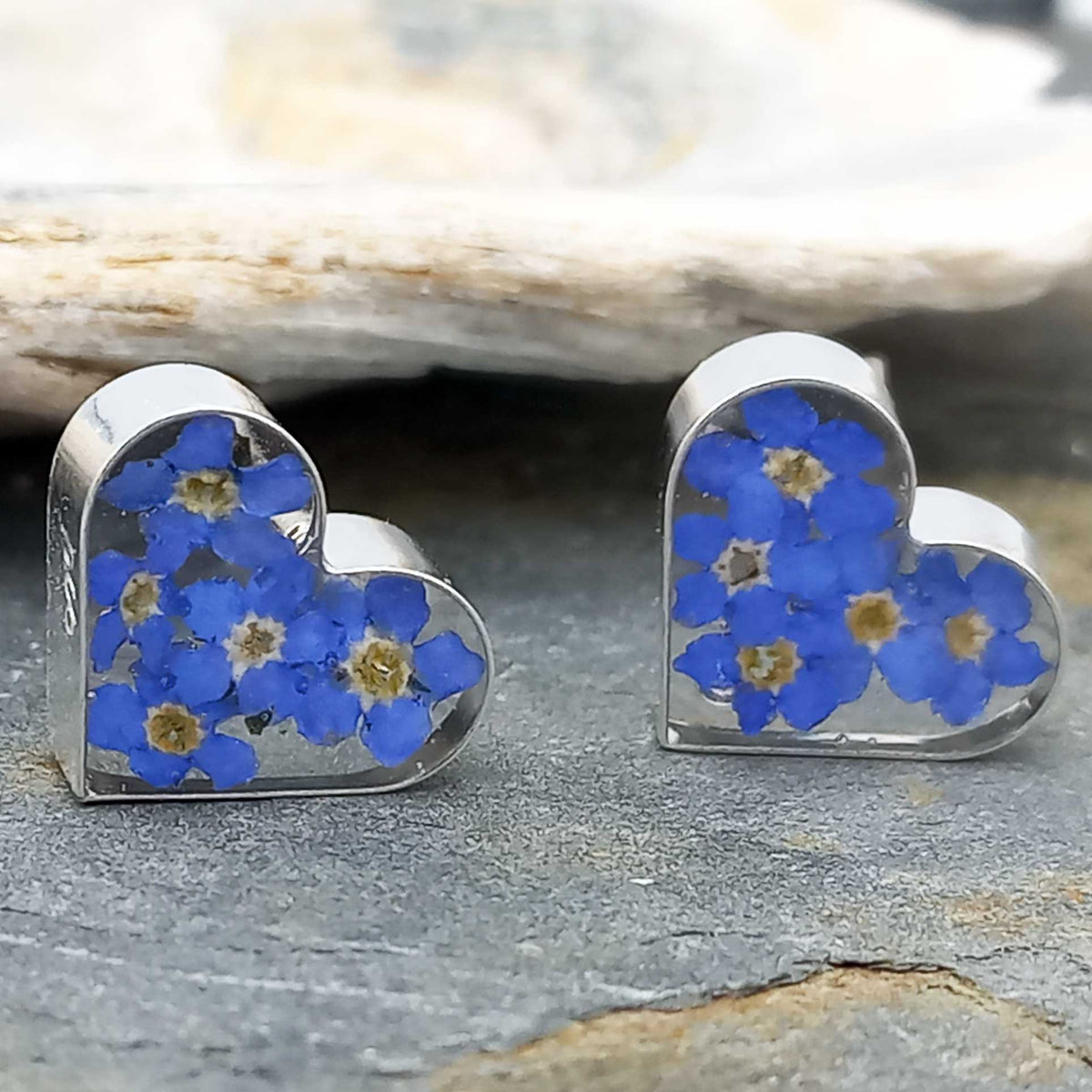 Sterling silver heart shaped forget-me-not studs