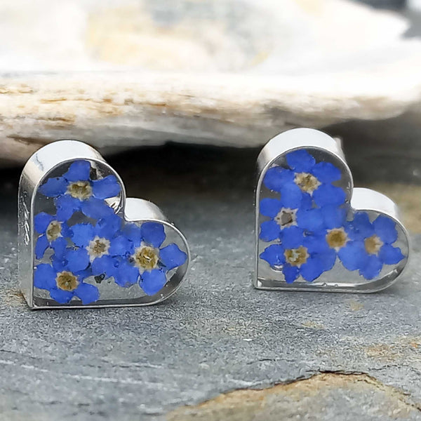 Sterling silver heart shaped forget-me-not studs