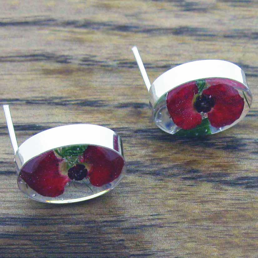 Oval Poppy Silver Stud Flower Earrings (24) Secondary image