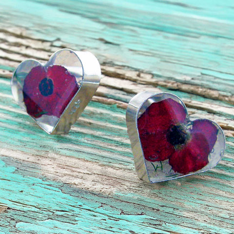 Heart Poppy Silver Stud Flower Earrings 
