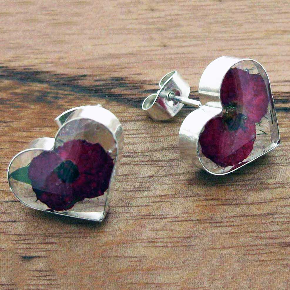 Heart Poppy Silver Stud Flower Earrings (25) Secondary image