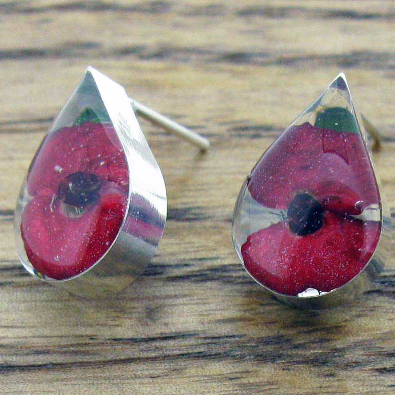 Teardrop Poppy Silver Stud Flower Earrings Main image