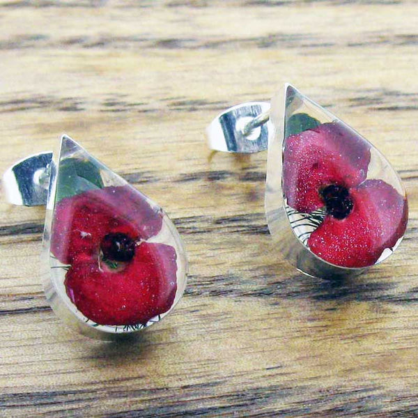 Teardrop silver studs with real pressed flowers