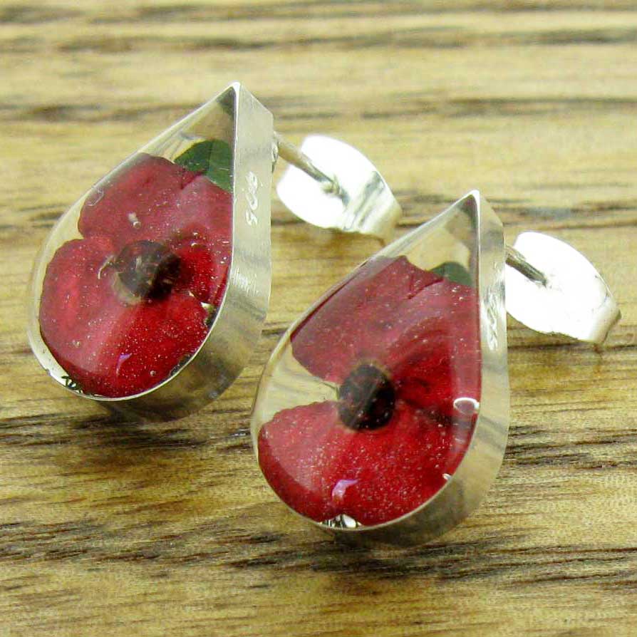 Teardrop Poppy Silver Stud Flower Earrings (26) Secondary image