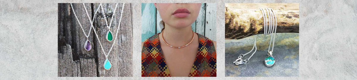 A three-panel collage showing three different silver  necklaces: Amethyst, Green Onyx and Turquoise teardrop necklaces, along with a turquoise stone necklace displayed on a light gray marble-textured background.