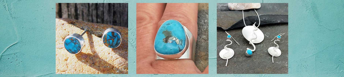 Three inset product photos on a turquoise textured background: round stud earrings with Turquoise stones, a silver ring with a large turquoise stone worn on a finger, and a matching sterling silver earrings set with turquoise stones and small blue accents.