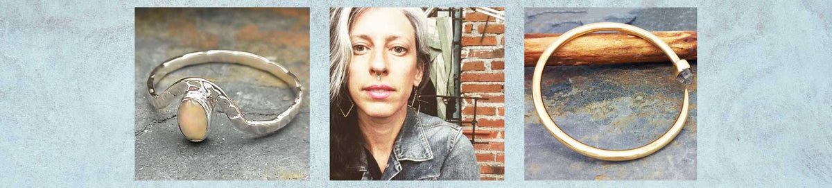 A three-panel collage showing jewellery: a silver-toned ring with an opal stone on the left, designer Lissa Bowie wearing a denim jacket in the centre, and a gold-toned cuff bracelet on the right, all set against a pale blue textured background.