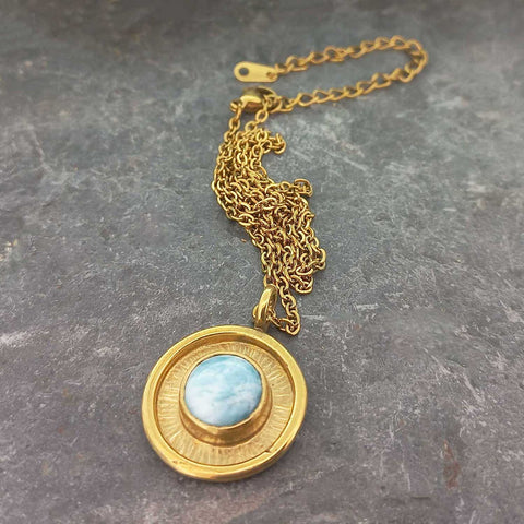 Brass necklace with Larimar stone & gold plated chain and Larimar stone