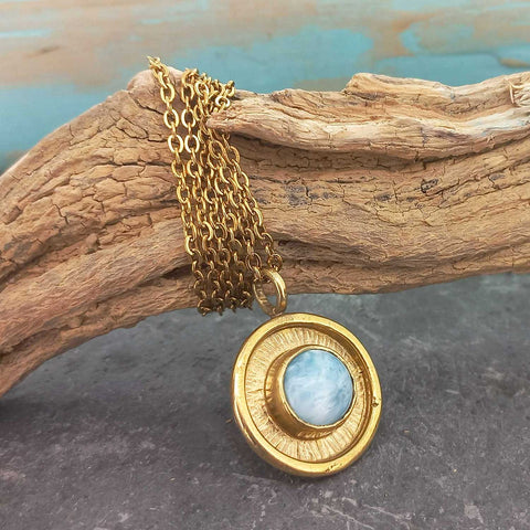 Handmade unusual round brass pendant with Larimar gemstone