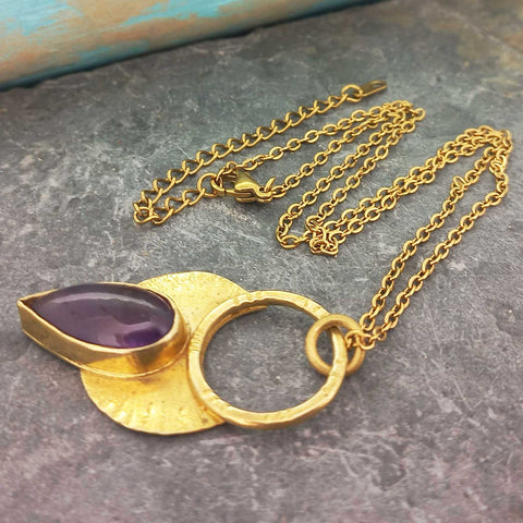 Gold plated chain Amethyst brass necklace