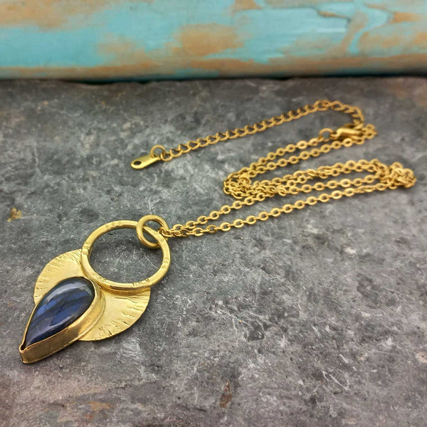 Labradorite Bloom Brass Unusual Necklace 
