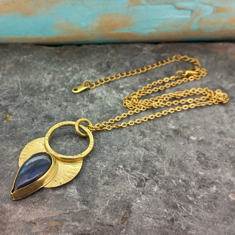 Labradorite Bloom Brass Unusual Necklace 