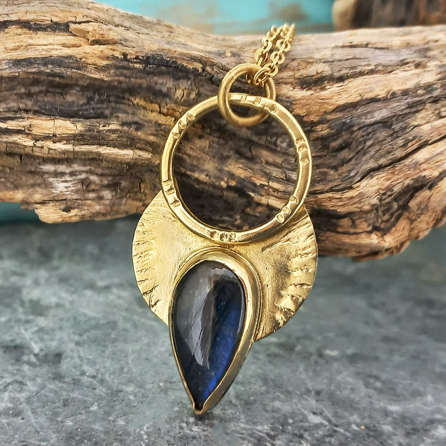 Labradorite Bloom Brass Necklace with Gold-Plated Chain