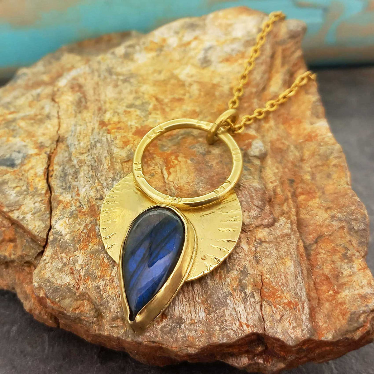 Boho Labradorite Stone with brass pendant