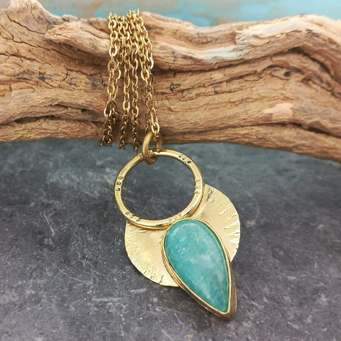 Unusual brass Amazonite blue stone pendant with gold plated chain
