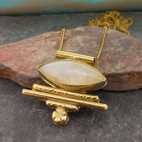 Unusual boho brass Moonstone necklace with gold-plated chain