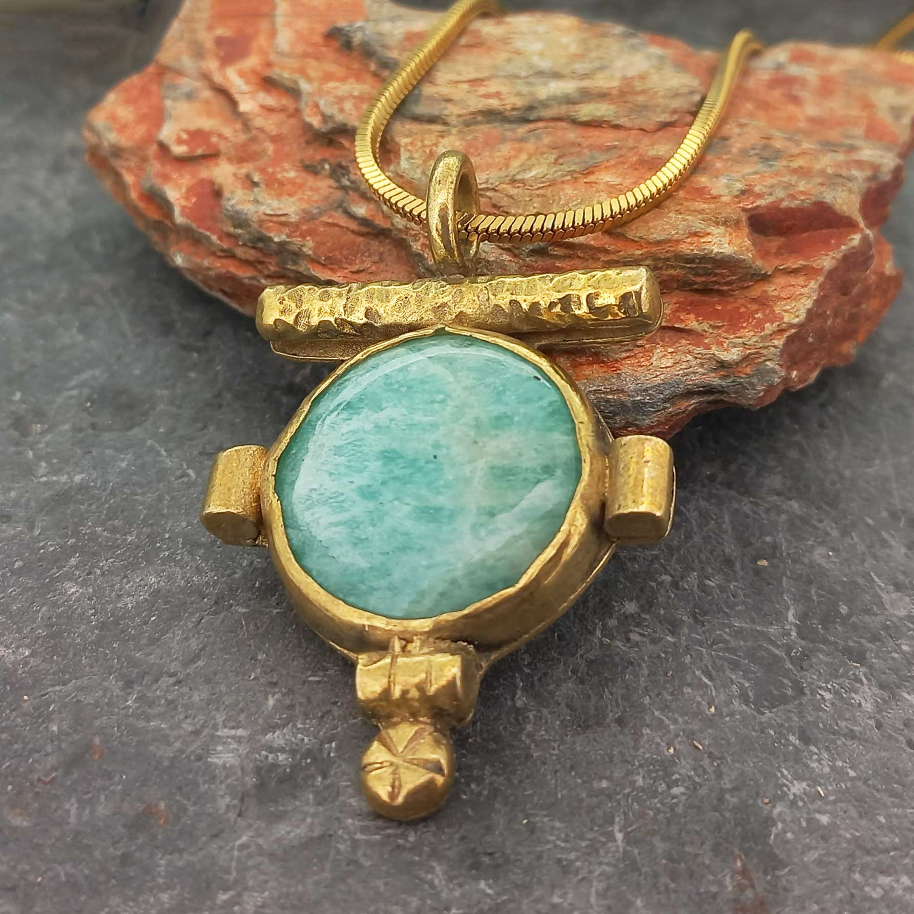 Gold coloured brass pendant withAmazonite stone with gold plated chain