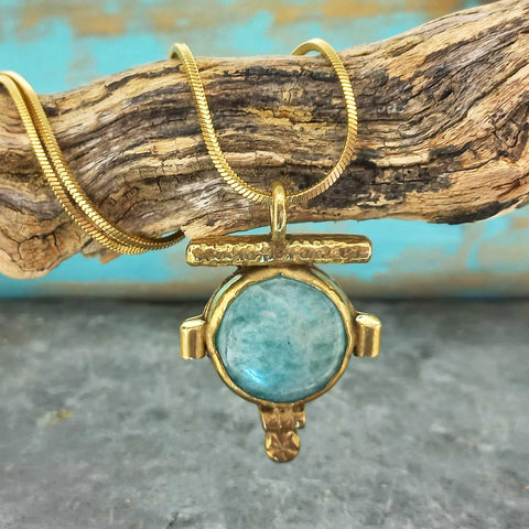Handmade blue Amazonite gemstone brass necklace