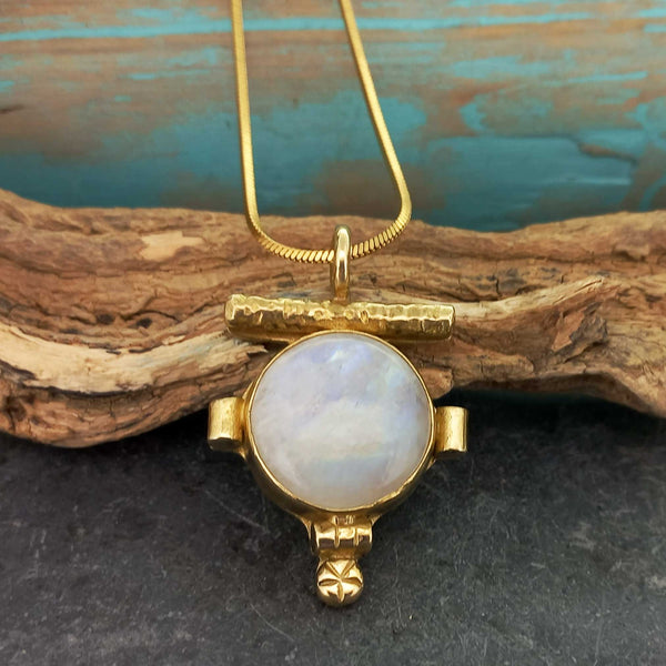 Unusual handmade gold coloured brass pendant with Moonstone