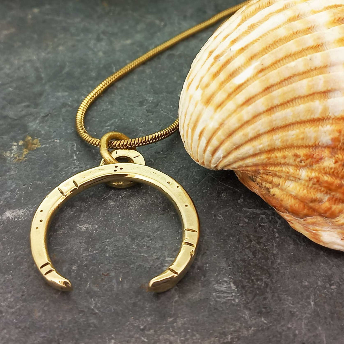 Gold crescent moon pendant on a chain next to a shell on a dark surface Main image