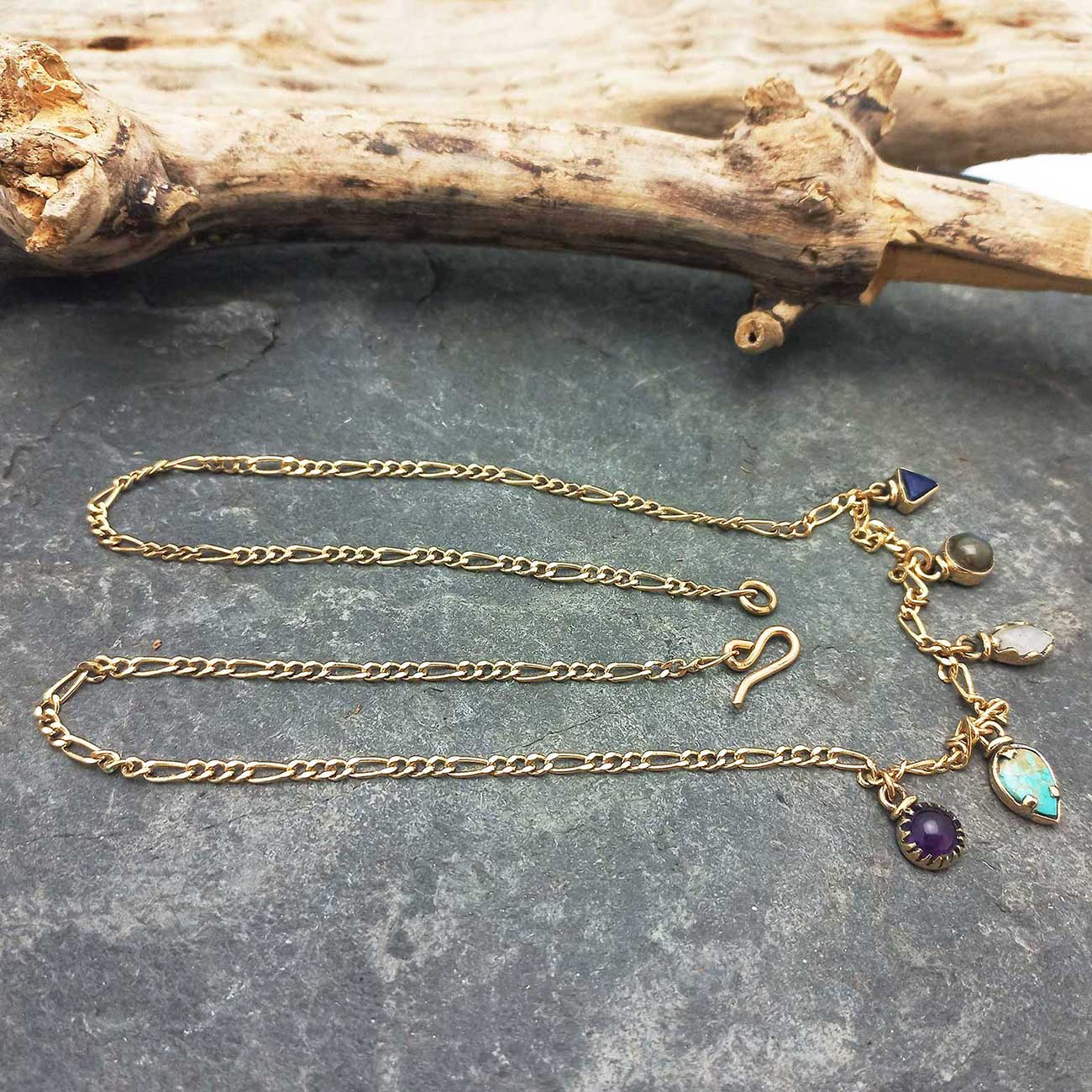 Handmade brass 18" chain with mix of stone charms