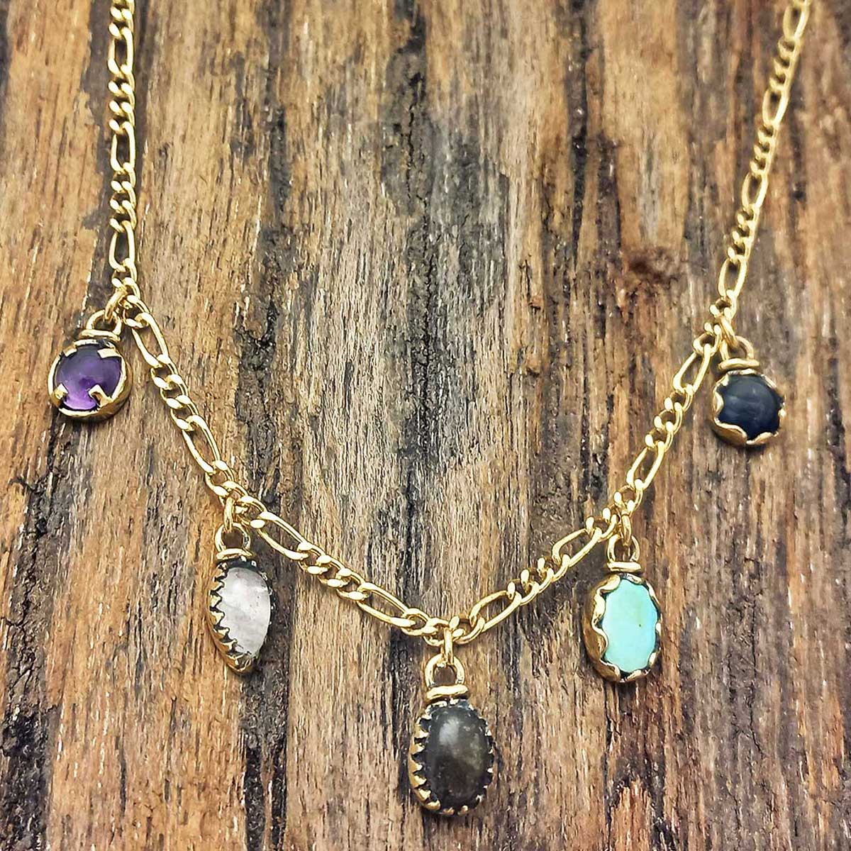 Artisan handmade stone charm necklace golden brass