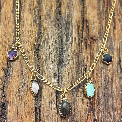 Artisan handmade stone charm necklace golden brass