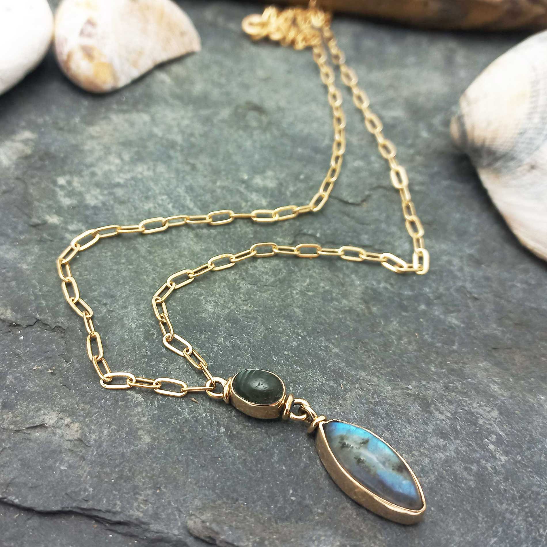 Double Labradorite Drop Brass Necklace
