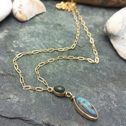 Double Labradorite Drop Brass Necklace