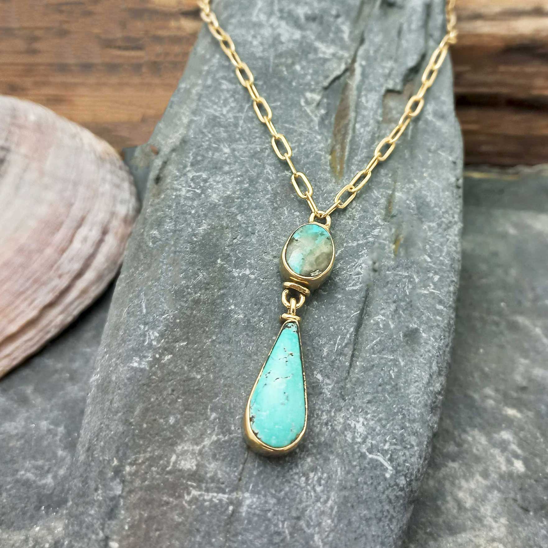 Double Turquoise Drop Brass Necklace (81) Secondary image