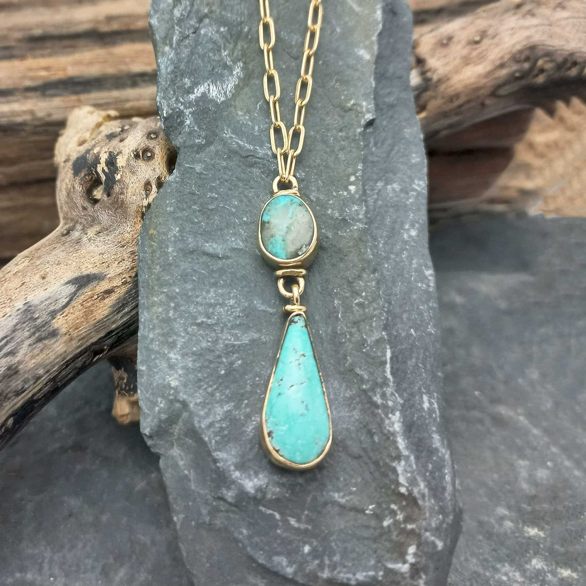 Double Turquoise Drop Brass Necklace