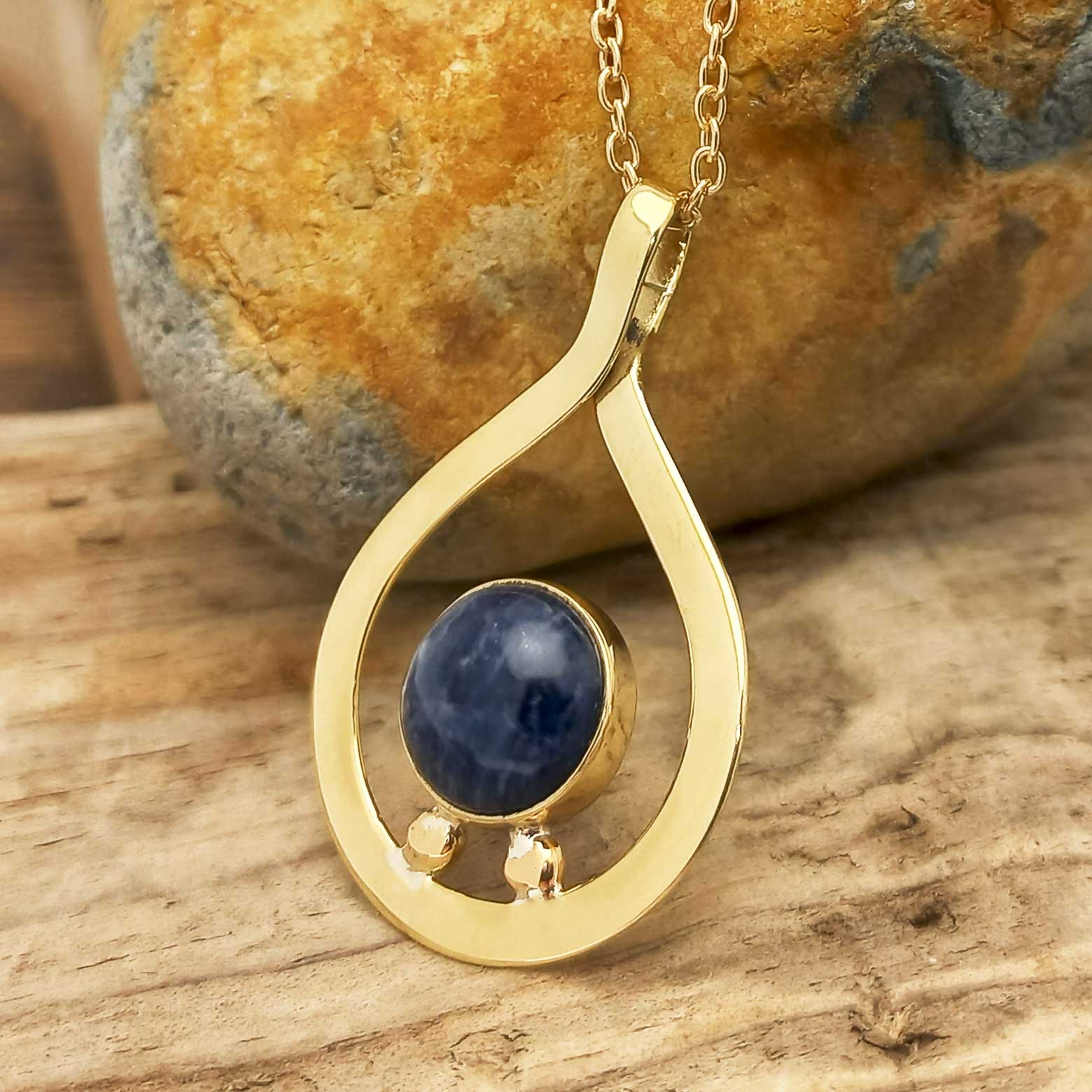 Sodalite Teardrop Brass Necklace