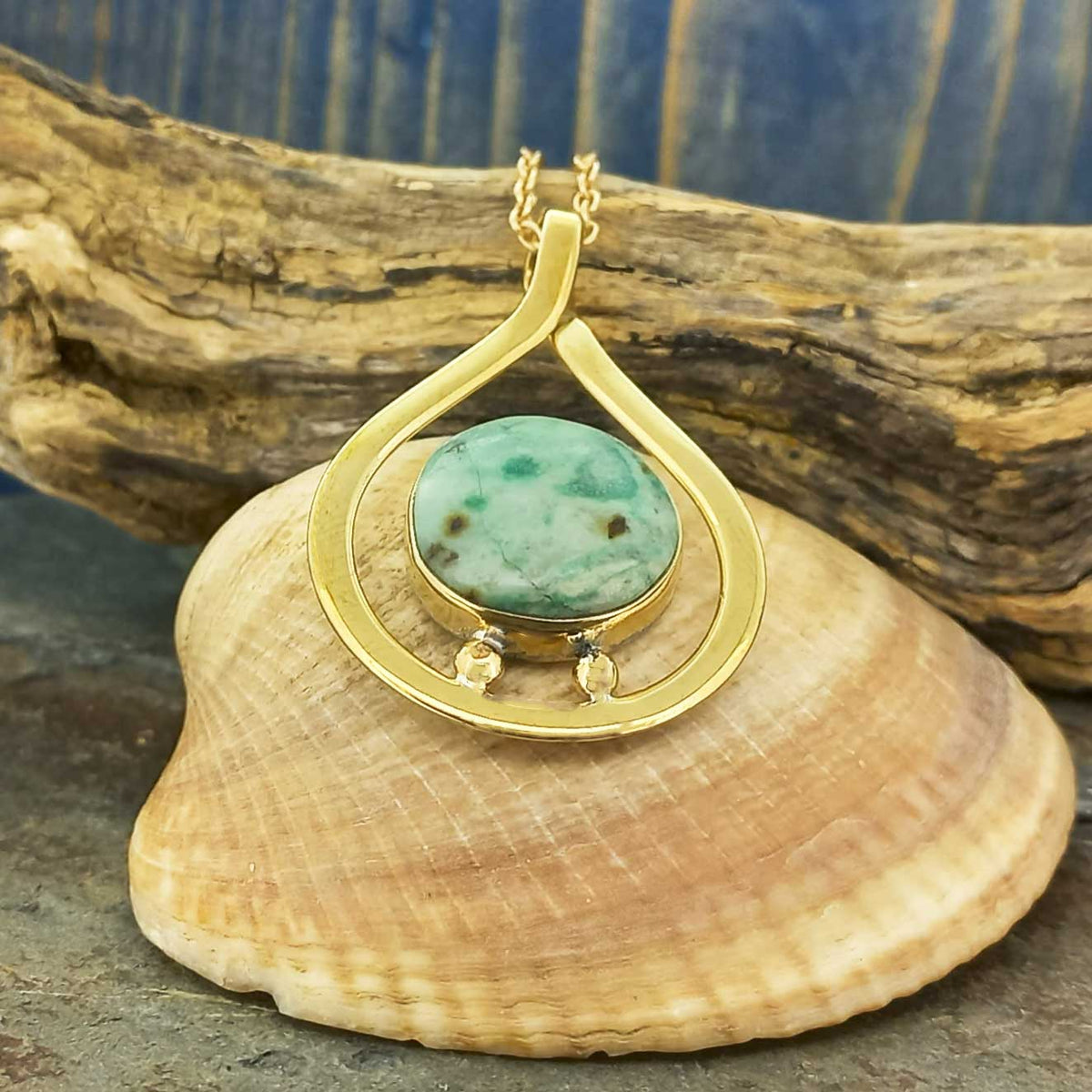 Chrysocolla Teardrop Brass Necklace (085)