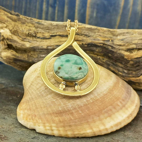 Chrysocolla Teardrop Brass Necklace (085)