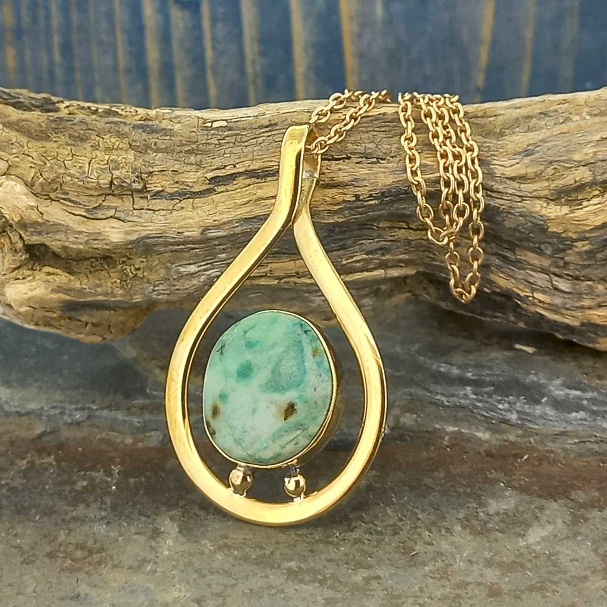 Chrysocolla artisan gold brass necklace