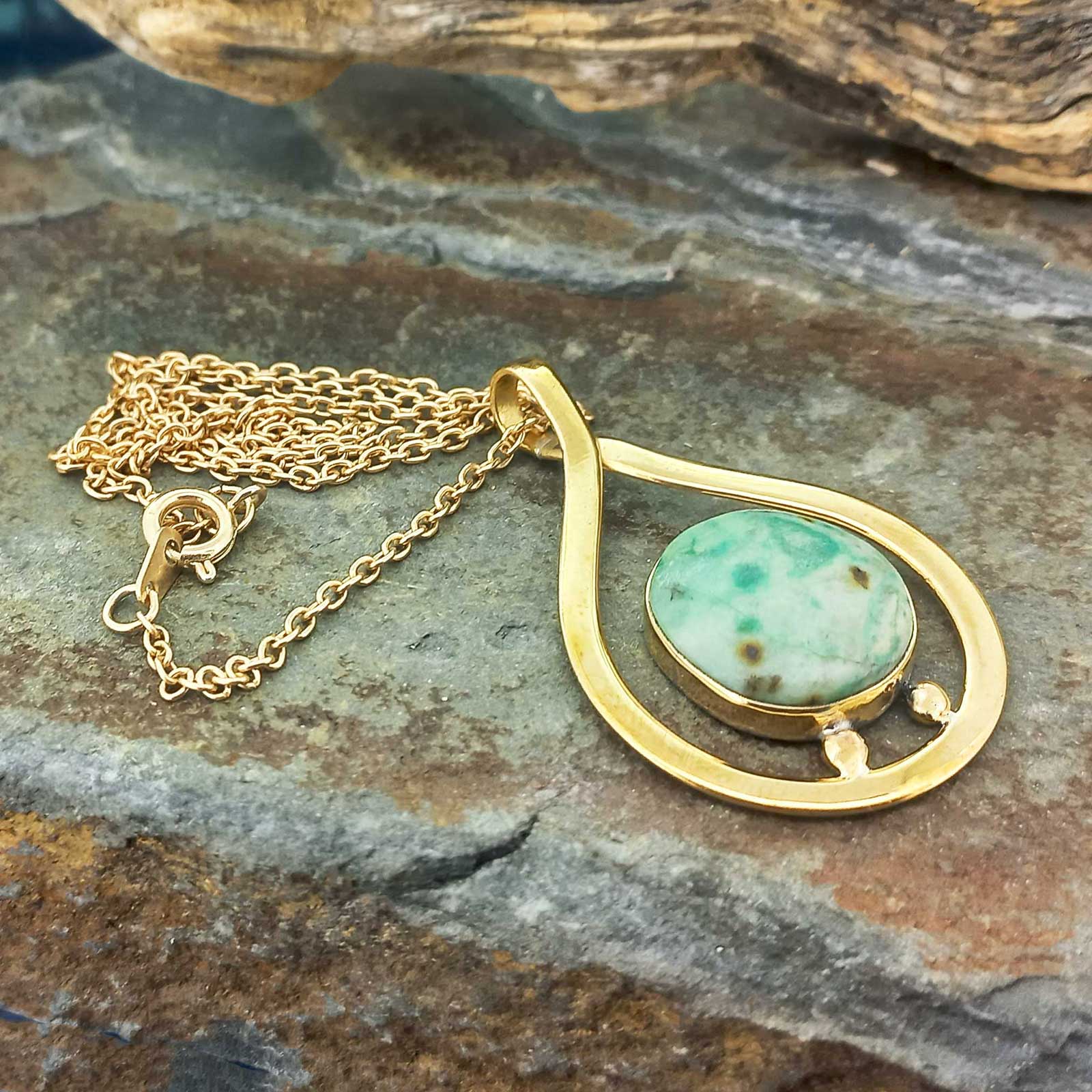 Handmade brass necklace with gold plated chain with turquoise Chrysocolla stone