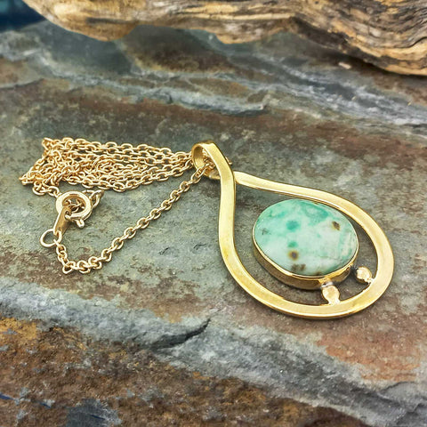 Handmade brass necklace with gold plated chain with turquoise Chrysocolla stone