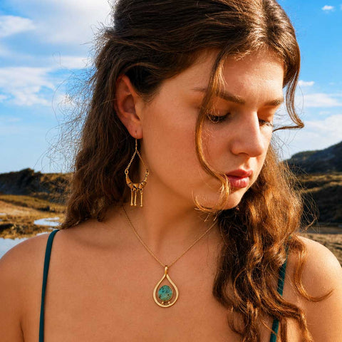 Gold coloured brass teardrop pendant necklace with a Chrysocolla stone 