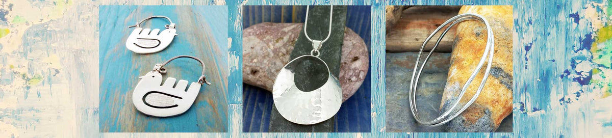 Three panels showcase handmade silver jewellery: a pair of Mexican folk art bird earrings, a hammered silver pendant necklace with a circular disc, and a pair of silver bangles, all set against a rustic blue wood background.