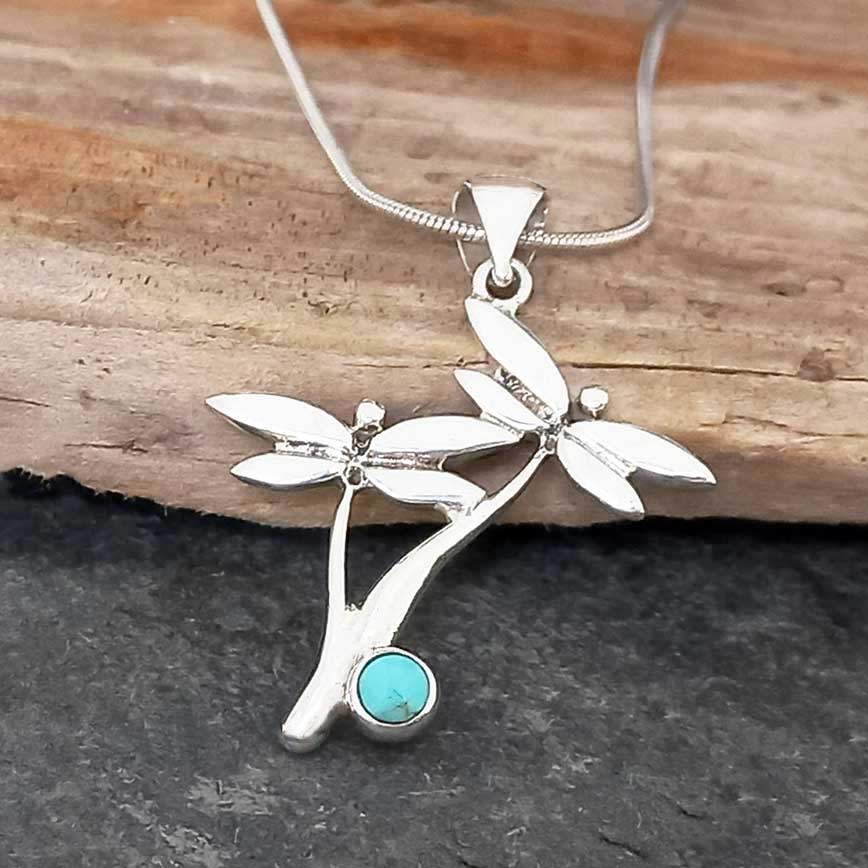 Handmade silver dragonfly pendant with Turquoise stone Main image