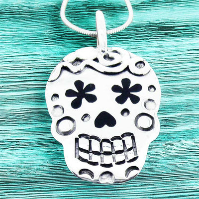 Day of the Dead Candy Skull with Flowers Silver Pendant (281)