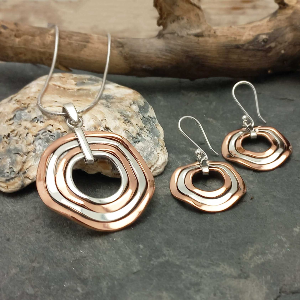 Wavy Copper Circle earring necklace set