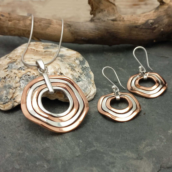 Wavy Copper Circle earring necklace set