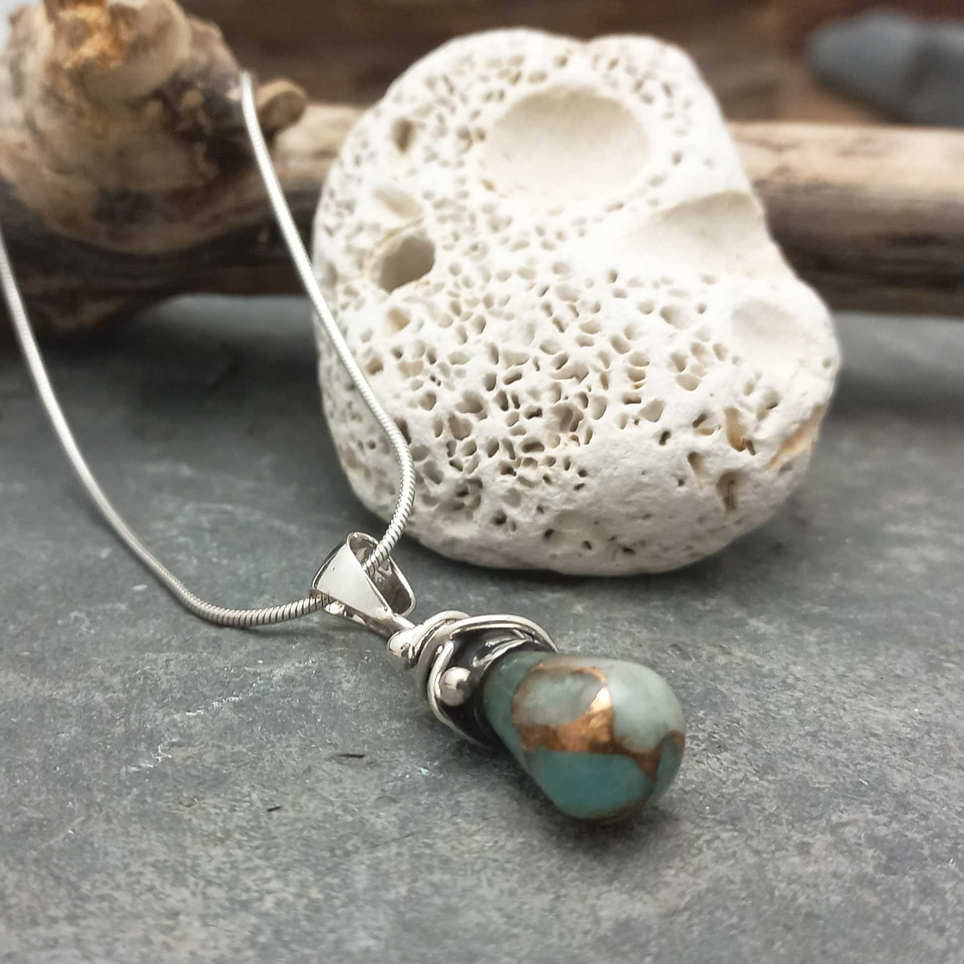 Amazonite with Bronze Alambres Silver Pendant
