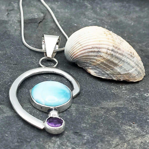 Silver Larimar Amethyst Unusual Necklace