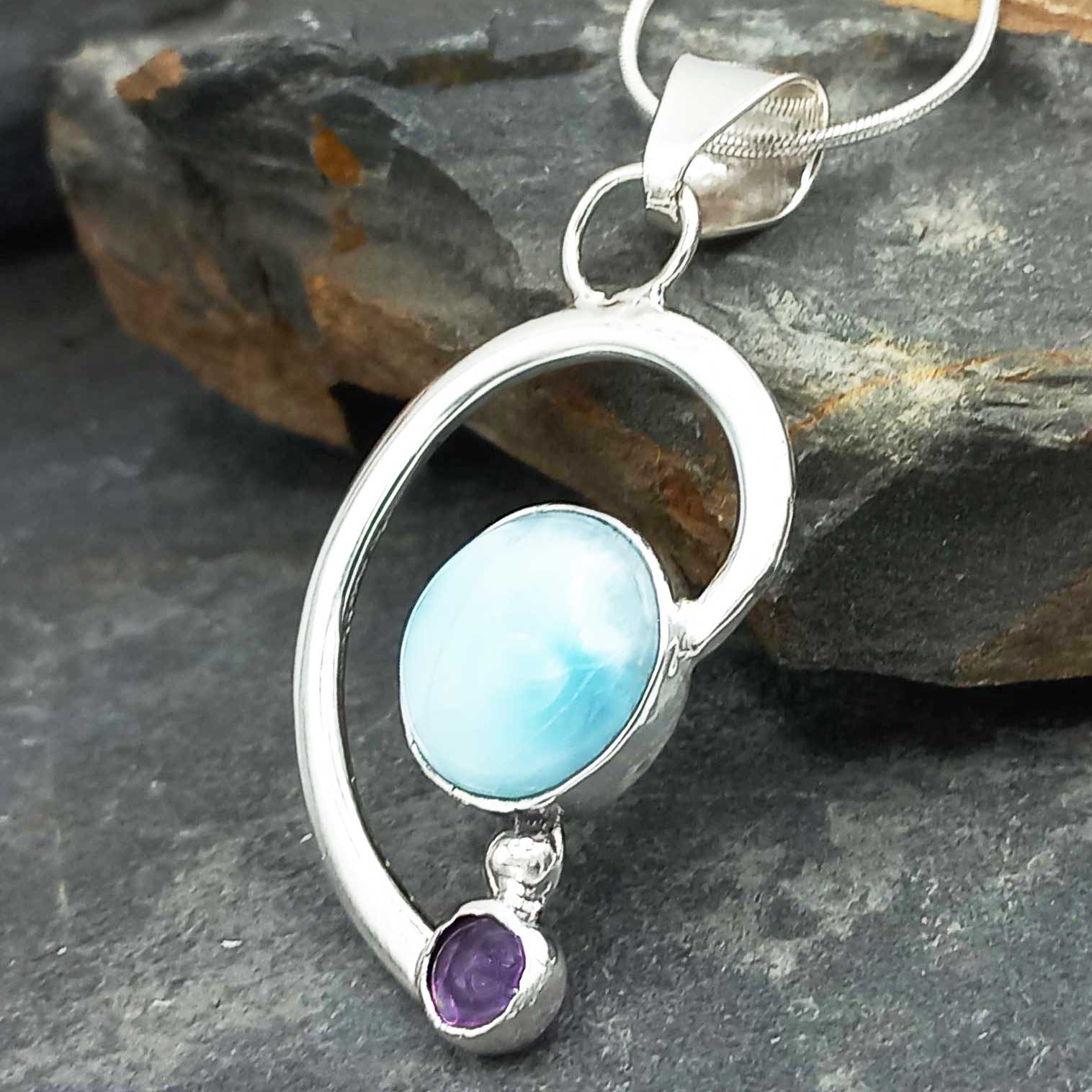 Handmade Silver Larimar Amethyst Pendant