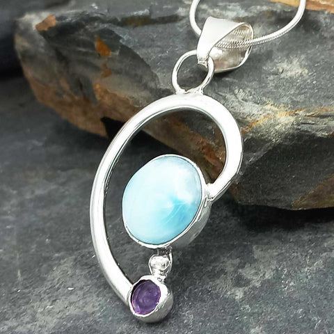 Handmade Silver Larimar Amethyst Pendant