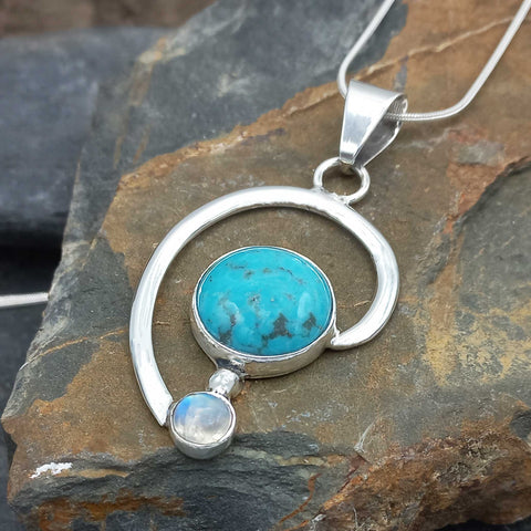 Turquoise Moonstone Silver Curve Pendant