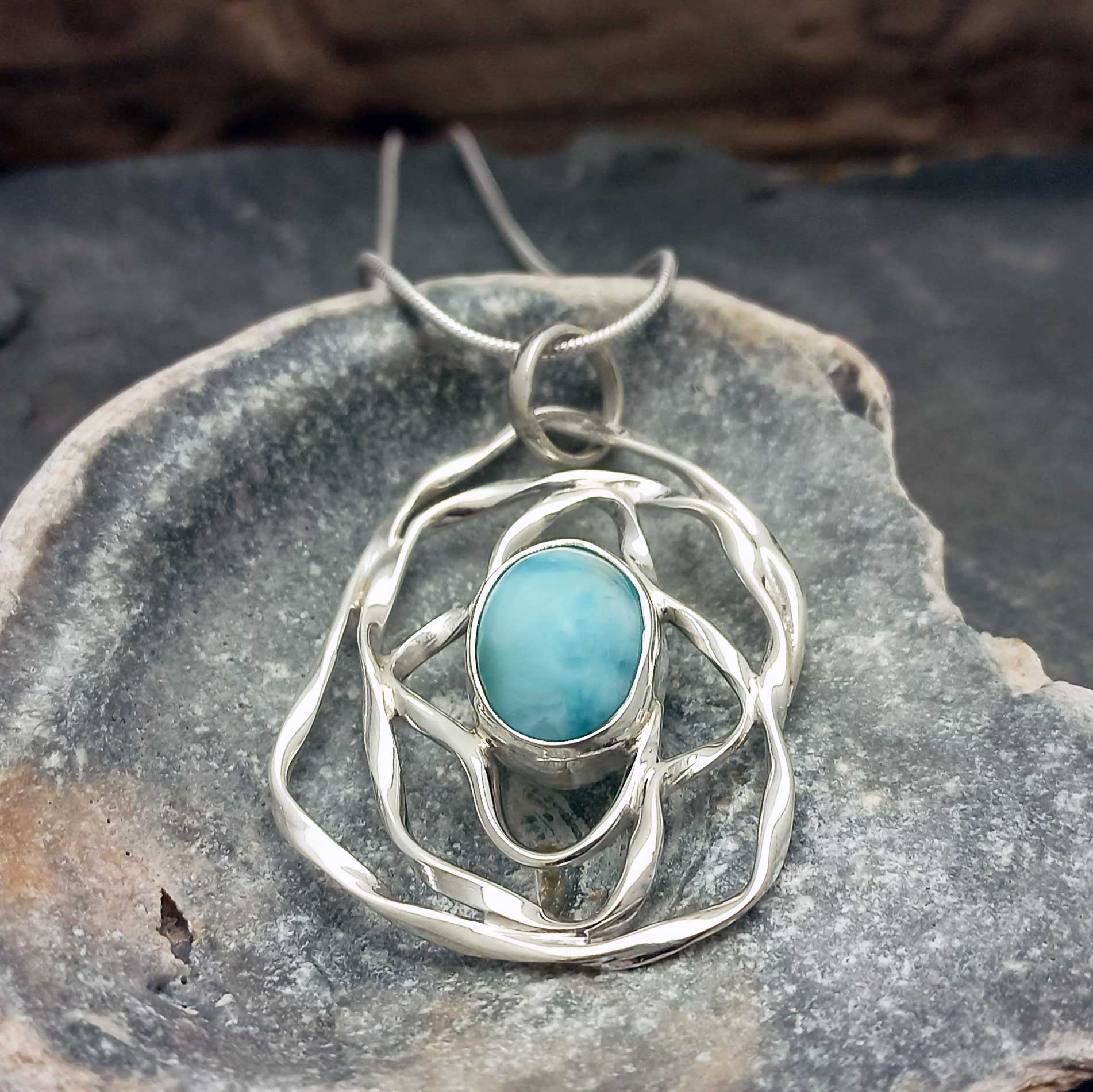 Handmade unusual Larimar sterling silver pendant